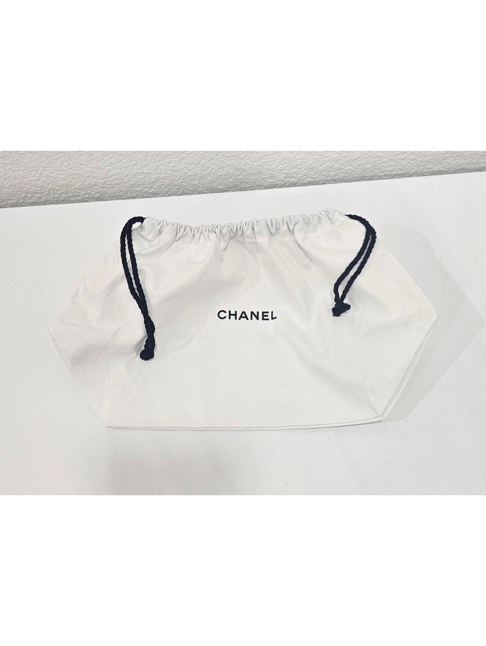 CHANEL White Drawstring Dust Bag Storage Pouch Black Logo 13” x 7.5”